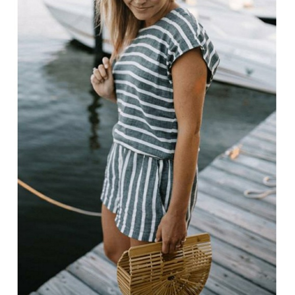 Striped Romper Shorts Jumpsuit - Picture 3 of 8